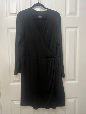 Nine West Black Long Sleeve Faux-Wrap Dress